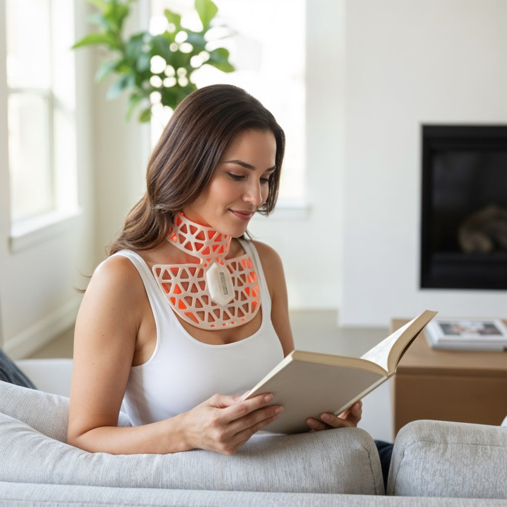 Woman reading a book wearing a neck brace in a living room.