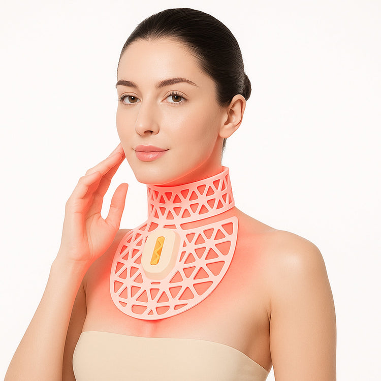 Woman wearing a neck support device with a plain background