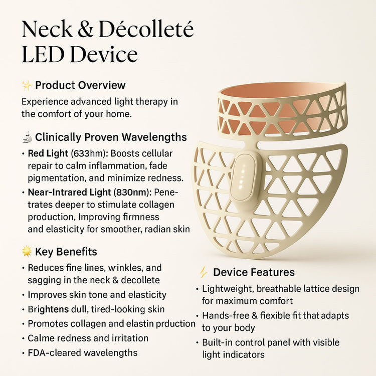 Neck and décolleté LED device with product details on a beige background