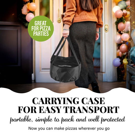 A red countertop pizza oven with a 12-inch pizza on it, surrounded by various accessories such as a carrying case, a pizza peel, a brush, a scraper, and a dough roller.