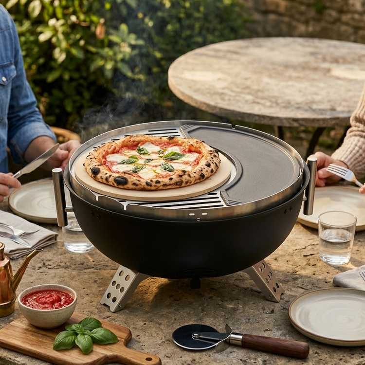 Portable pizza oven with a pizza being cooked on a stone table outdoors.