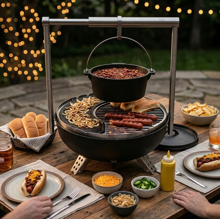Portable outdoor grill with food on a wooden table at night.