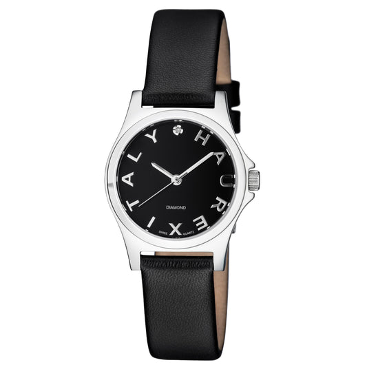 Watch with black leather strap and black dial on a white background