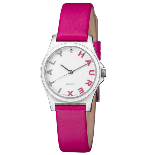 Watch with pink strap and white face on a white background