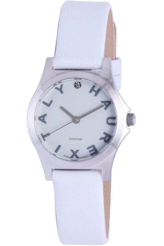 White watch with a unique dial design on a white background