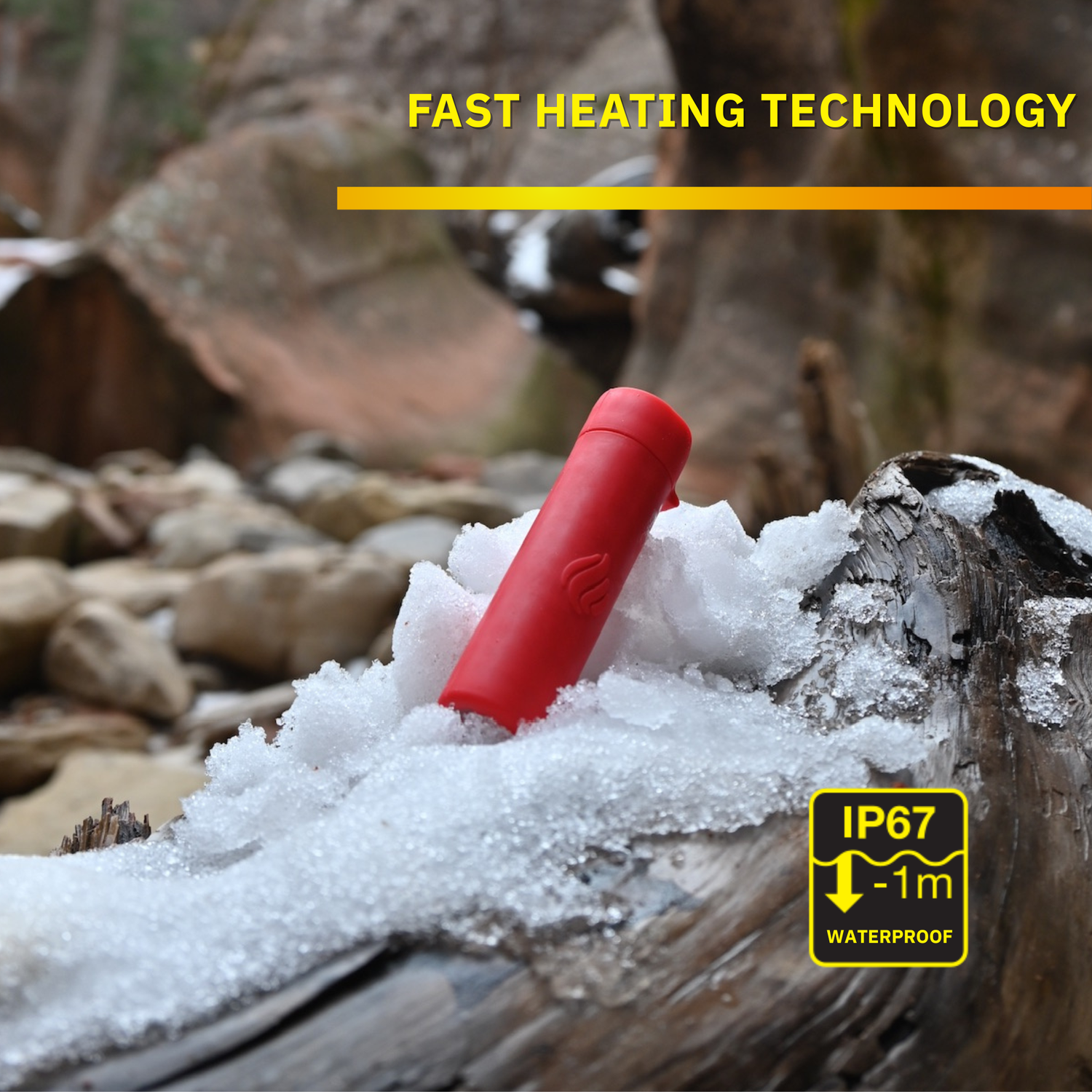 Red heating device on snow with 'Fast Heating Technology' text and waterproof rating label.