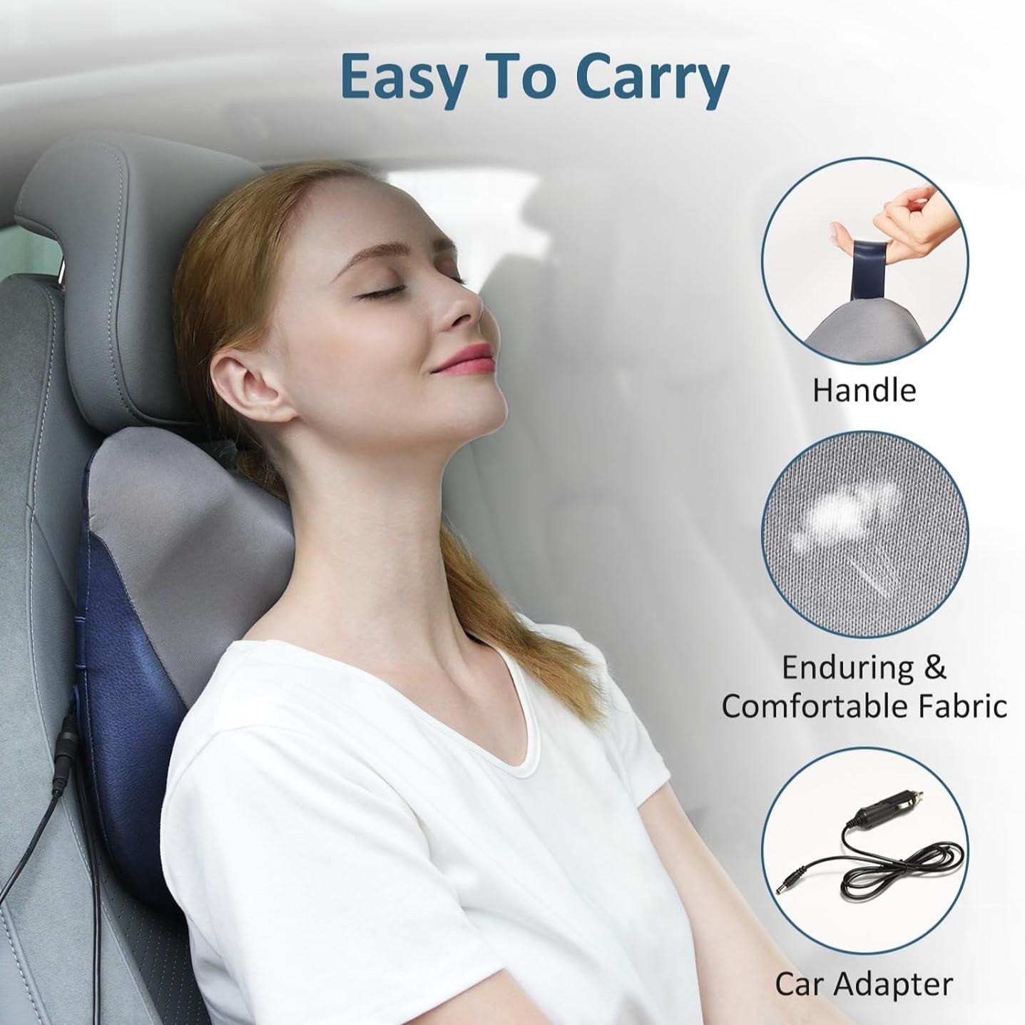 Woman using a neck massager in a car with features highlighted on the screen.