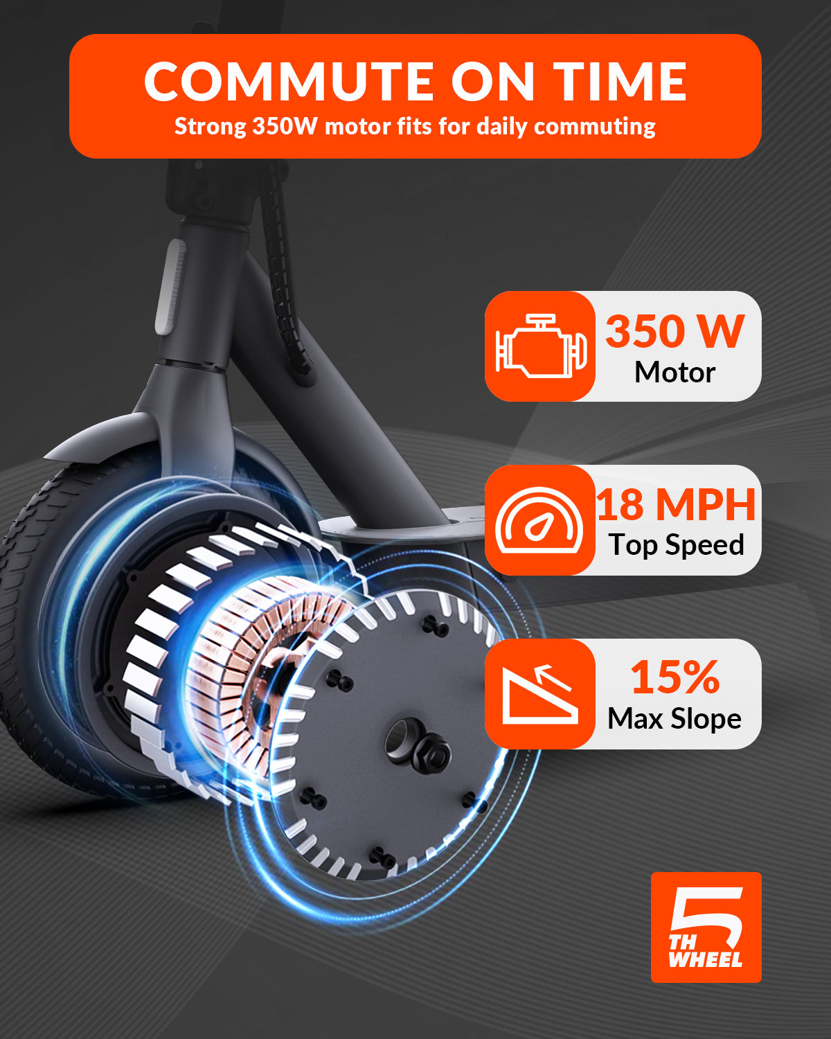 Electric scooter with specifications on a dark background