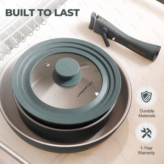 Pink and gray kitchen tool with 'BUILT TO LAST' text and durability icons on a light background