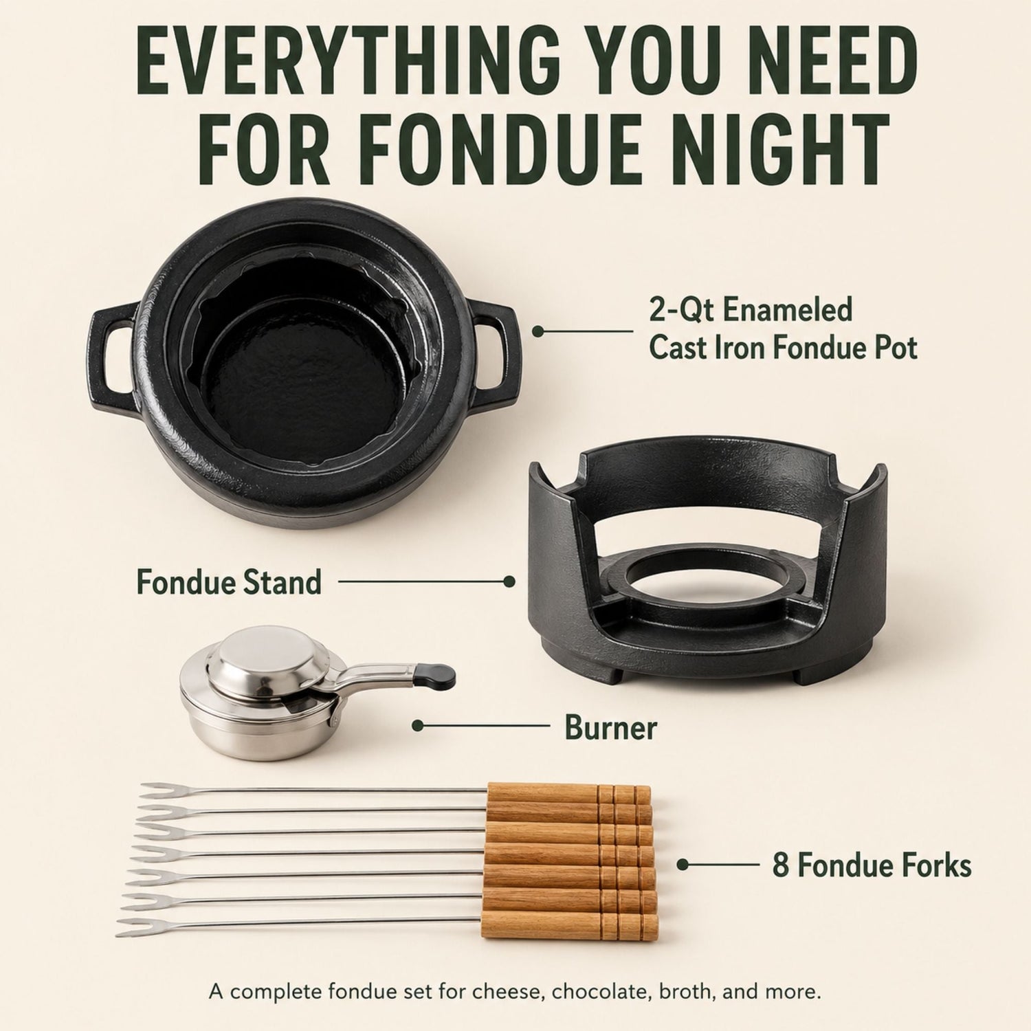 Fondue set with pot, stand, burner, and forks on a beige background