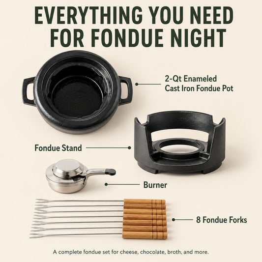 Black fondue pot with wooden skewers on a white background