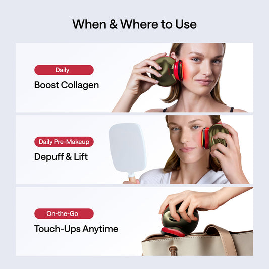 Beauty device with skincare products and accessories on a light gray background