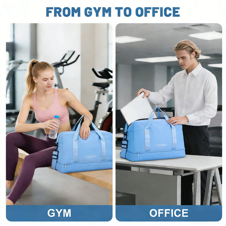 Woman at gym and man at office with blue duffel bags labeled 'Gym' and 'Office'.