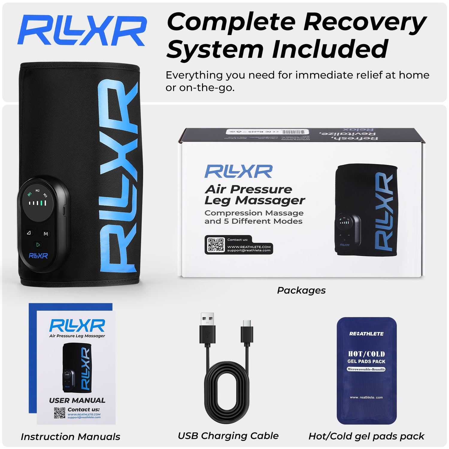 RLXR air pressure leg massager set with packaging, user manual, USB cable, and gel packs on a white background.