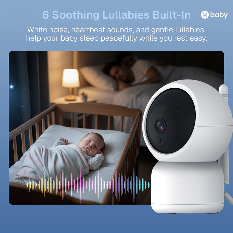 Baby monitor with a baby in a crib and text about soothing lullabies.