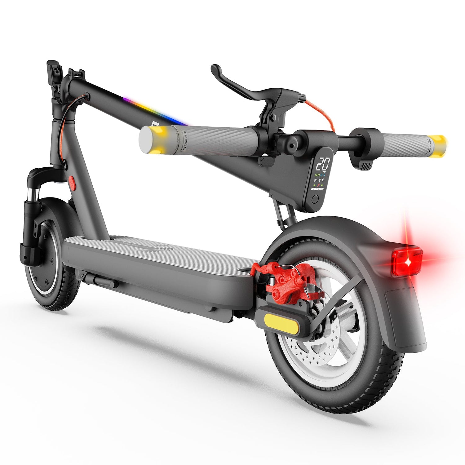 Gray electric scooter with red lights on a white background
