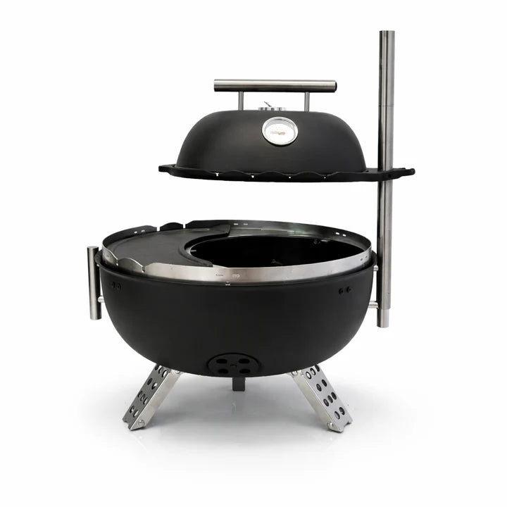 Black portable grill with metal stand on a white background