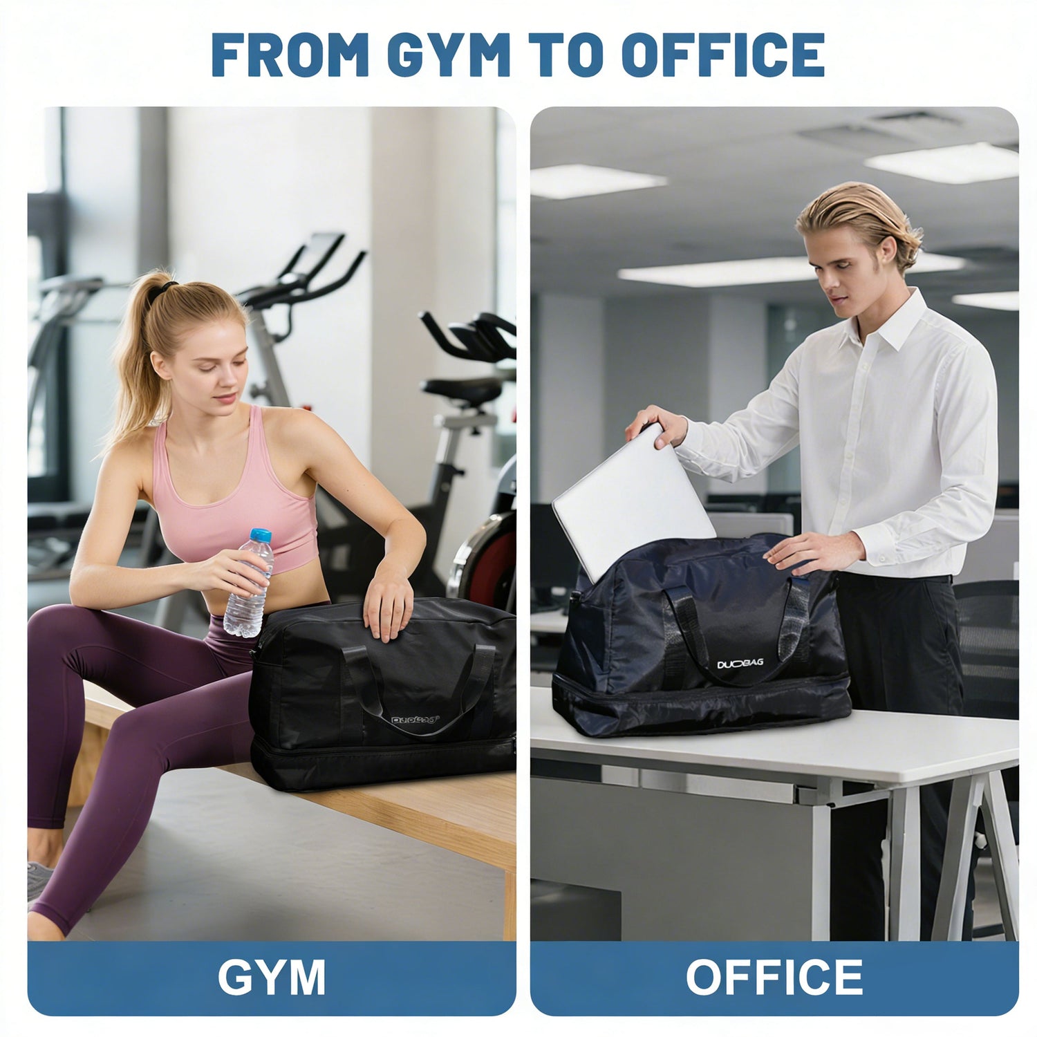 Woman at gym and man at office with black duffel bags labeled 'Gym' and 'Office'.