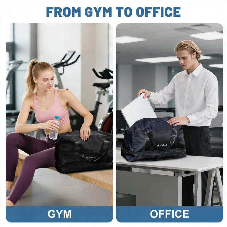 Woman at gym and man at office with black duffel bags labeled 'Gym' and 'Office'.