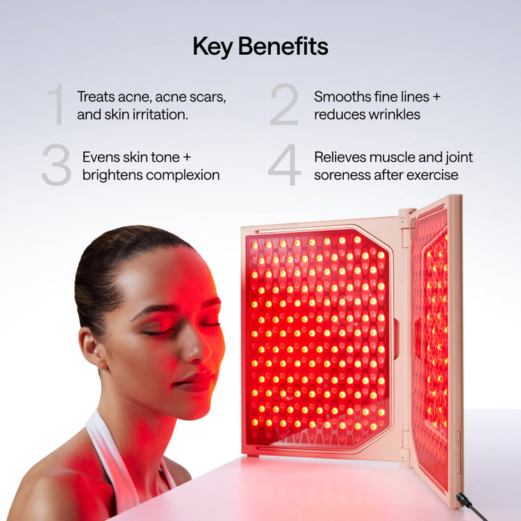 Woman using a red light therapy device with key benefits listed on a white background.