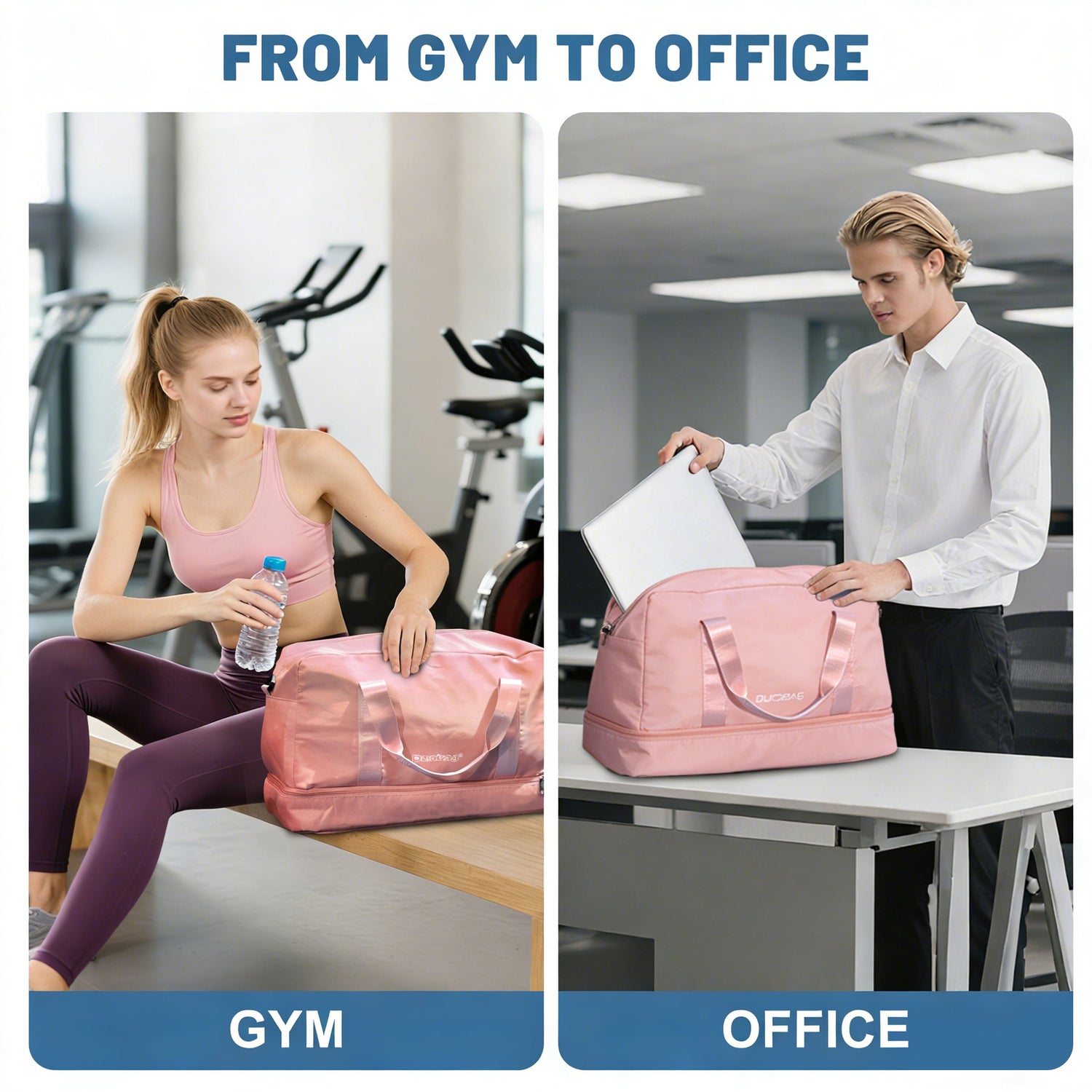 Woman at gym with pink duffel bag and man at office with pink duffel bag, transitioning from gym to office.