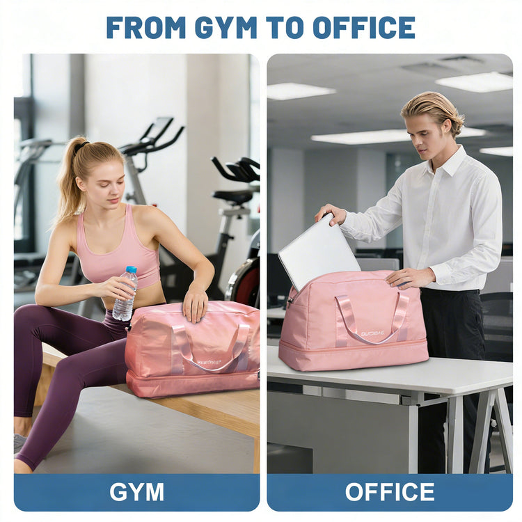 Woman at gym with pink duffel bag and man at office with pink duffel bag, transitioning from gym to office.