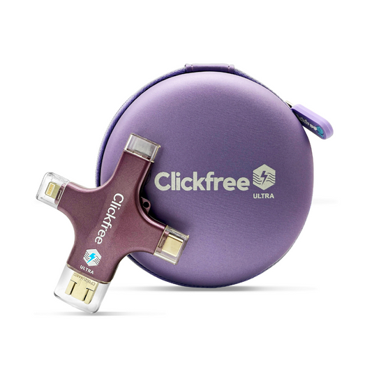 A red ClickFree Ultra 128GB universal AI photo and video backup device with multiple connector ports, including USB and Lightning, displayed against a white background.