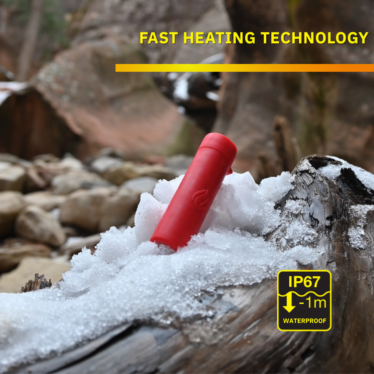Red heating device on snow with 'Fast Heating Technology' text and waterproof rating label.