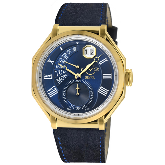 A GV2 Men's Marchese Swiss Quartz Watch with an octagon case, a blue dial, and a brown leather strap.
