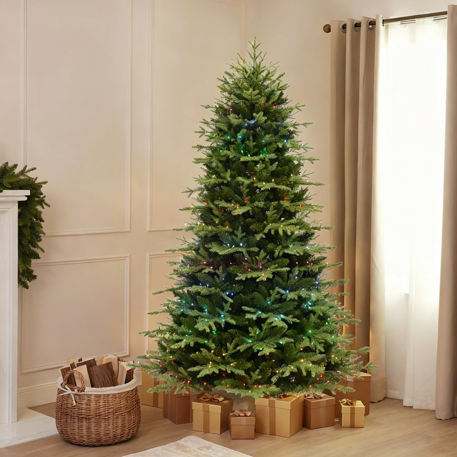 Decorated Christmas tree with lights in a room with a fireplace and gift boxes.