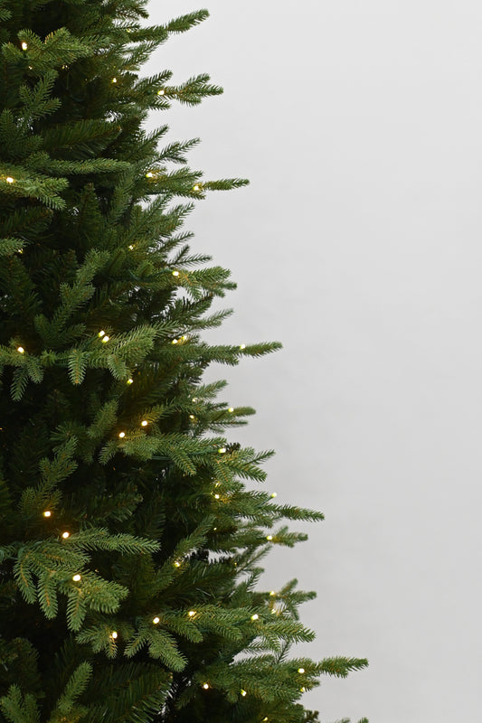 Decorated Christmas tree with lights in a room with a fireplace and gift boxes.