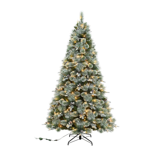 Decorated Christmas tree with lights and presents in a living room with a fireplace.