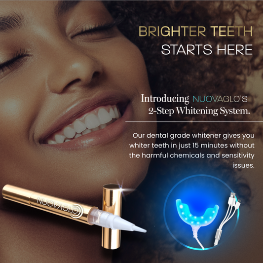 Woman using a teeth whitening device with Nuovaglo packaging and smartphone displaying results.