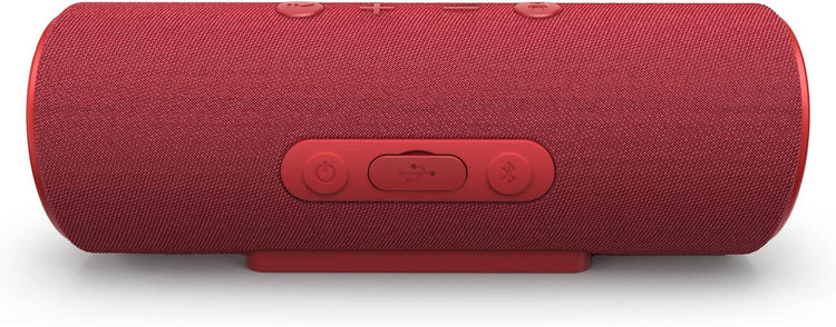 Red portable speaker with control buttons on a white background