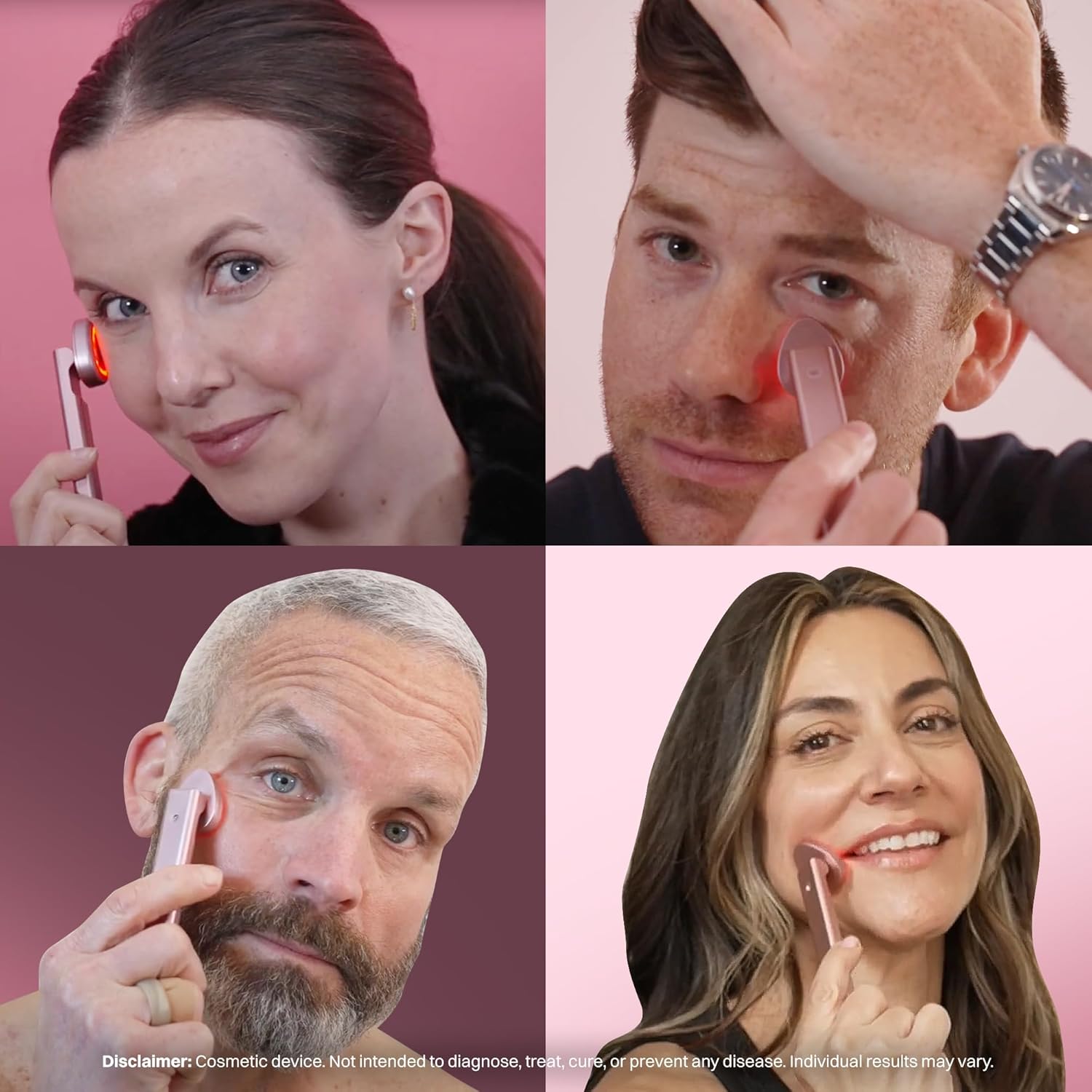 Four people using a cosmetic device on their faces with a pink background.