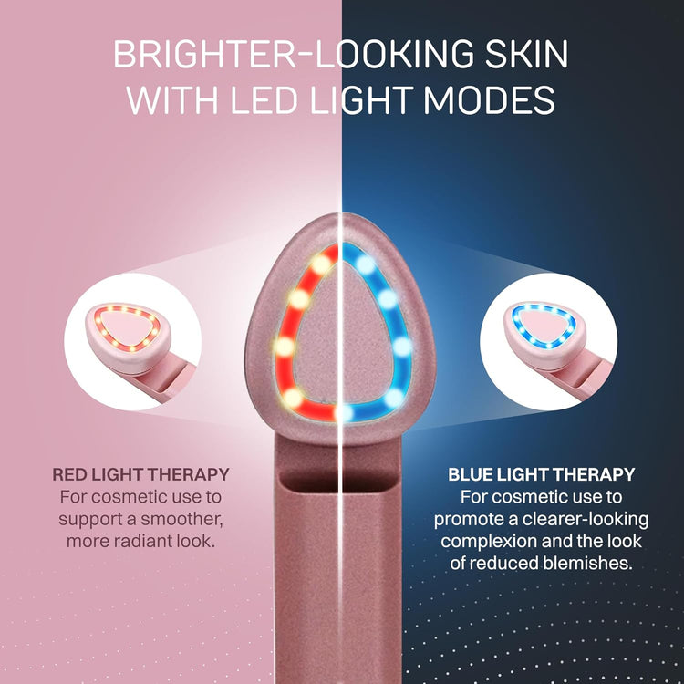 LED light therapy device with red and blue light modes on a pink and blue background.
