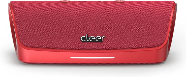 Red portable speaker with 'cleer' branding on a white background