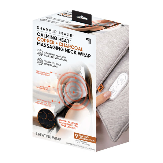 Box of Sharper Image Calming Heat Copper + Charcoal Massaging Neck Wrap on a white background