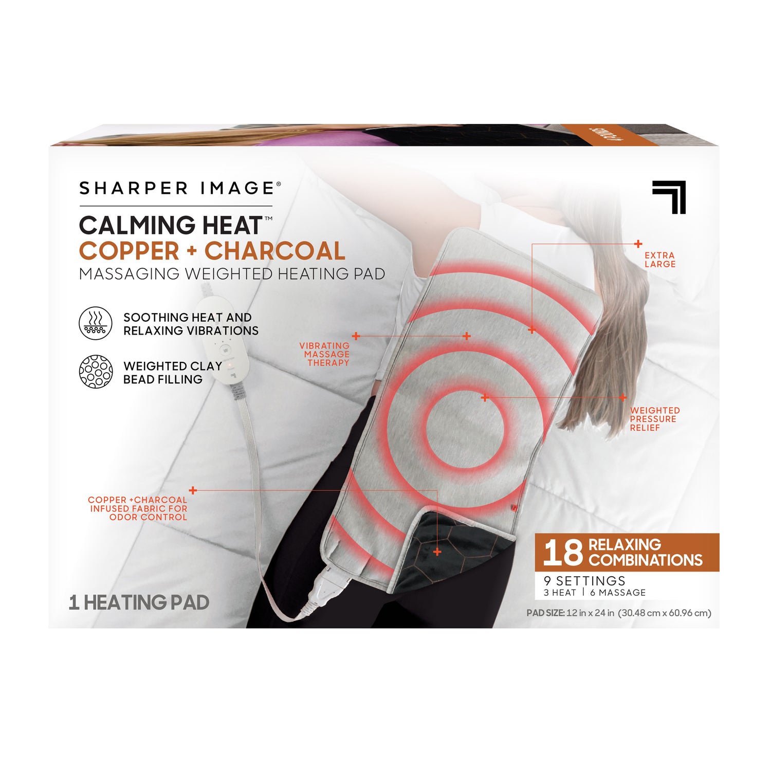 Sharper Image Calming Heat Copper + Charcoal heating pad packaging with text and images of a person using it.