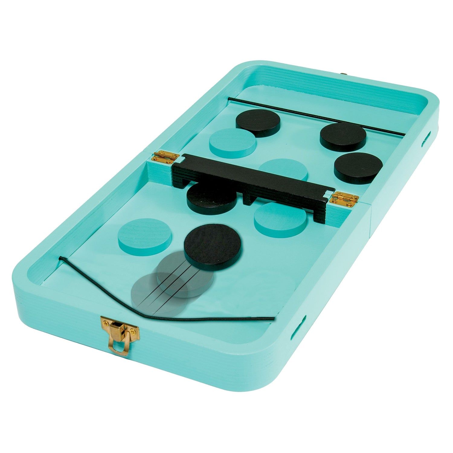 Turquoise phone case with black and gold accents on a white background