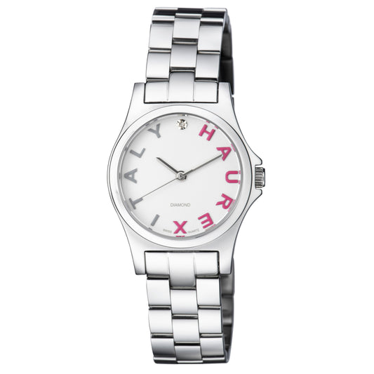 Silver watch with a white face displaying pink text on a white background