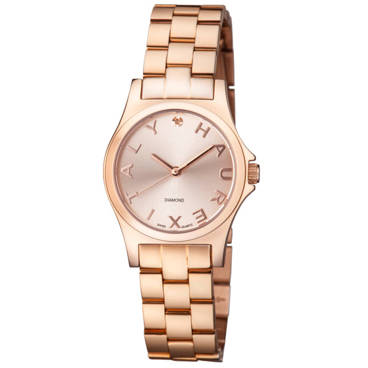 Rose gold watch with a white background