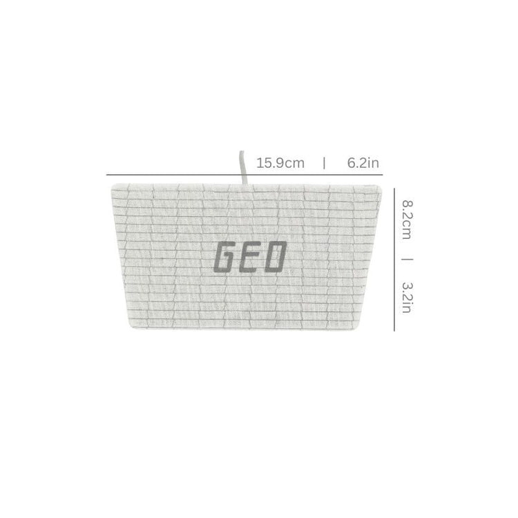 Rectangular pouch with grid pattern and 'GEO' branding, shown with measurements on a white background.