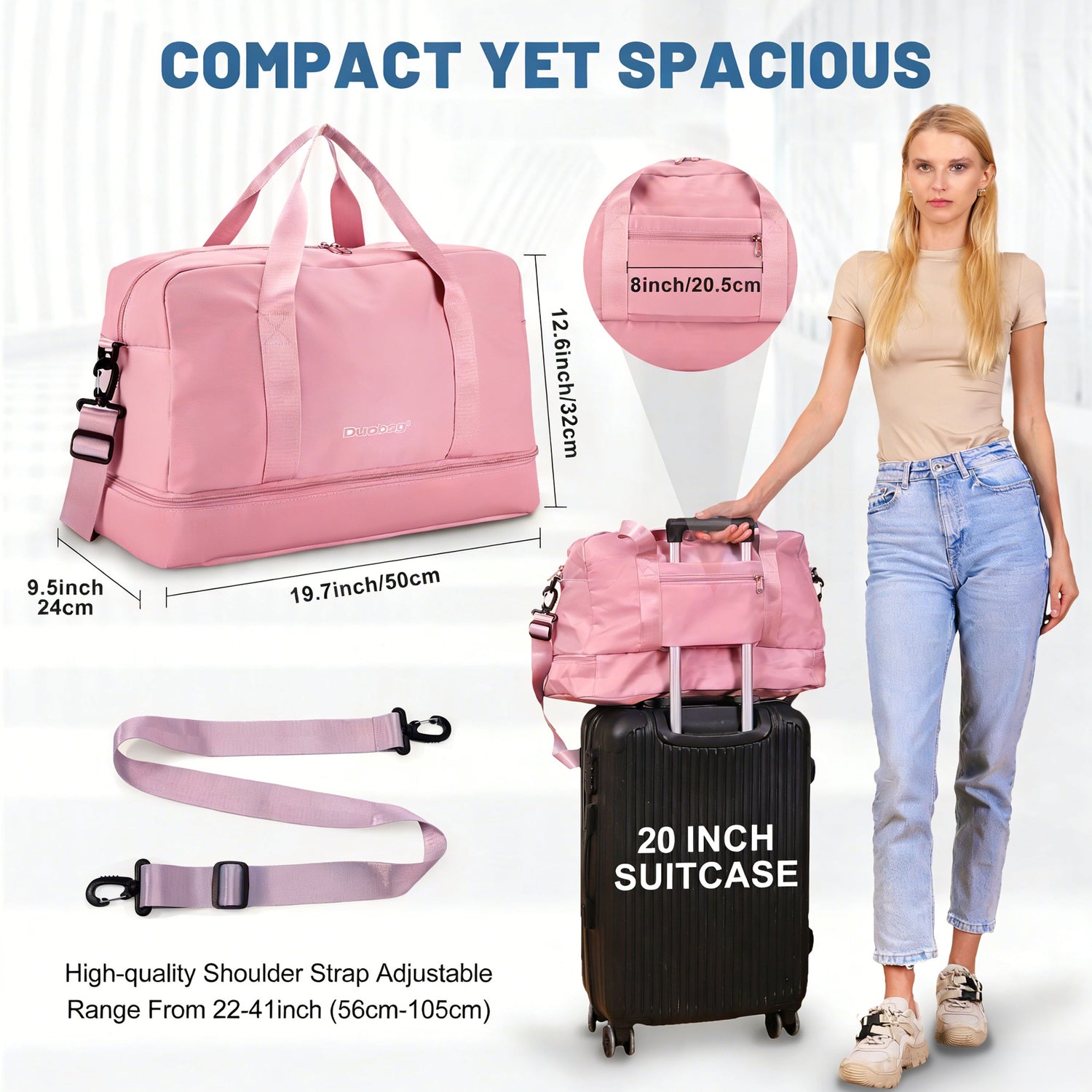 Pink travel bag with dimensions, straps, and a woman holding it next to a suitcase.