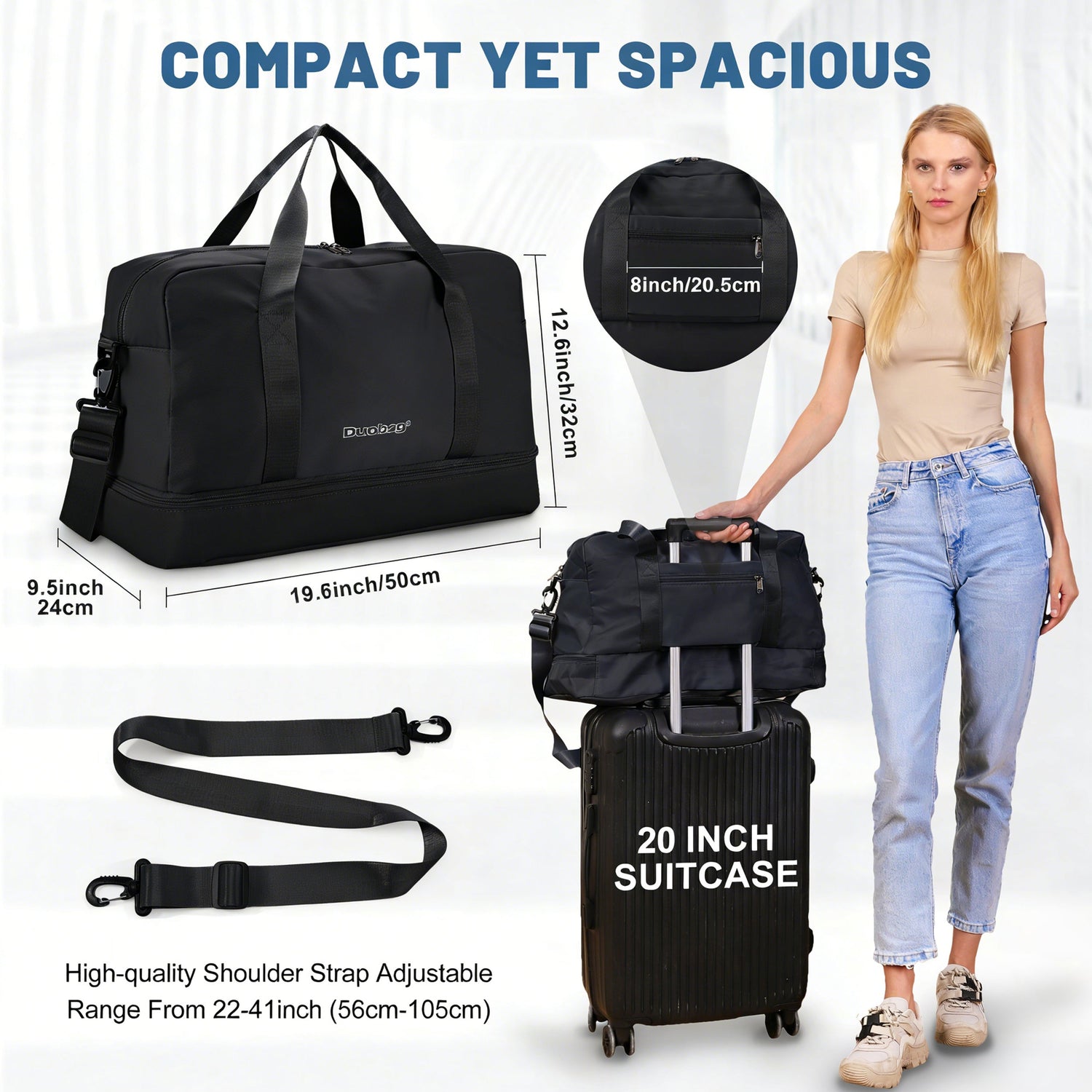 Black suitcase with dimensions and features displayed, including a woman holding it.