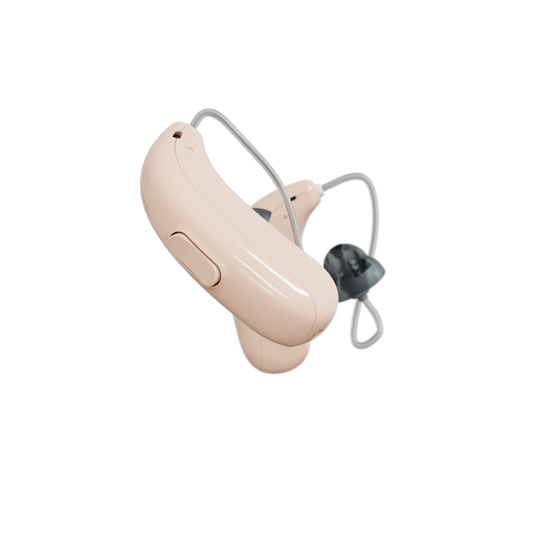 Hearing aid with charging case on a white background