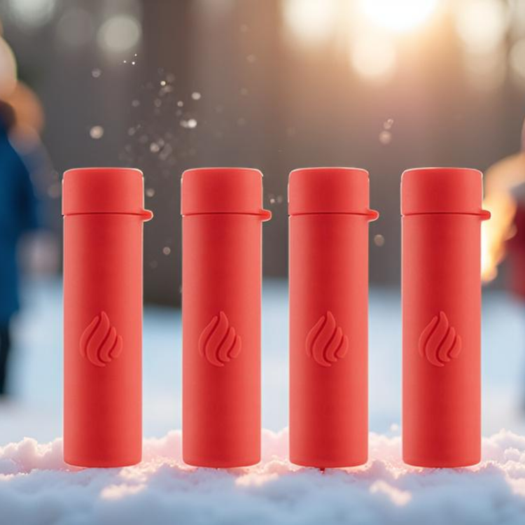 Four red cylindrical products with a logo on a snowy background