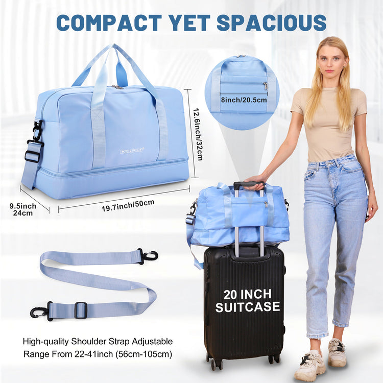 Blue duffel bag with dimensions, strap details, and a woman holding it next to a suitcase.
