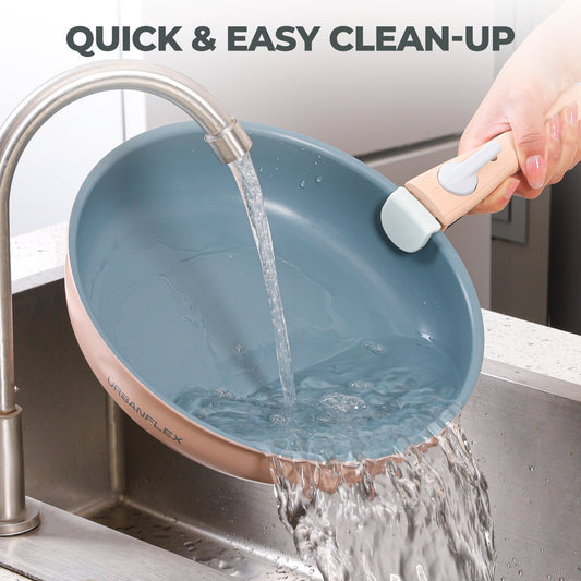Pink and gray kitchen tool with 'BUILT TO LAST' text and durability icons on a light background