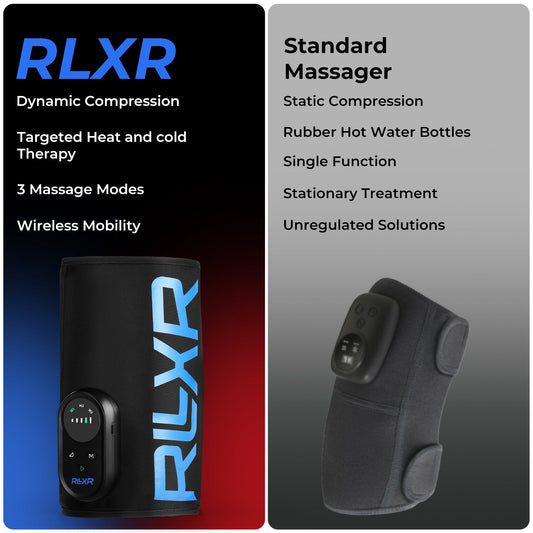 Black air pressure leg massage device with blue branding next to its packaging on a white background